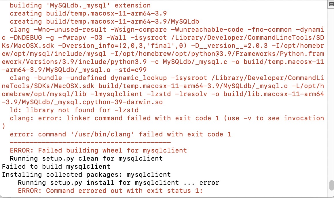 mac安装mysqlclient报错library not found for -lzstd command '/usr/bin/clang' failed